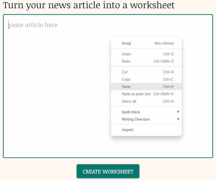 Screen shot of a user creating a worksheet from an article